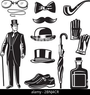 Victorian style monochrome illustrations for gentleman club. Vector pictures set Stock Vector