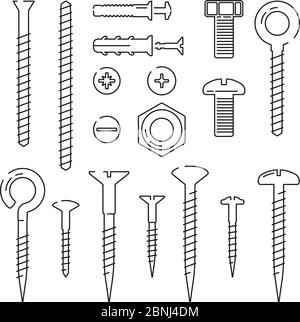 Monoline pictures of bolts, nuts, nails and screws. Vector illustrations set Stock Vector