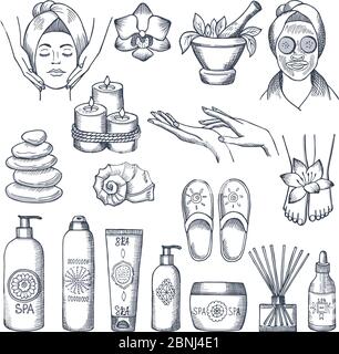 Illustrations set for spa salon. Candles, oils and stones, water therapy Stock Vector