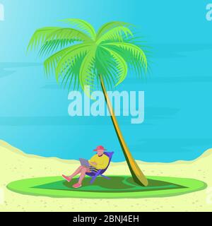 Bearded man is lying on a deck chair on the beach with laptop under the palm trees. Concept telework, freelance and freedom. Stock Vector