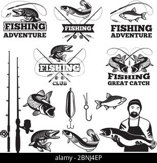 Vintage labels set for fishing club. Vector logos templates Stock Vector