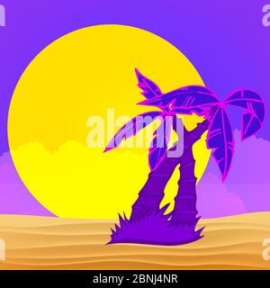 Evening on the beach with palm trees. Colorful picture for rest. Lilac palm trees, bright big sun and lilac sunset in the sky. Stock Vector