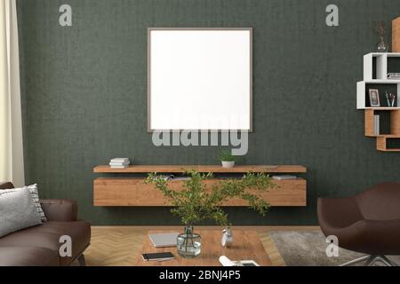 Square blank poster on green concrete wall in interior of modern living room with clipping path around poster Stock Photo