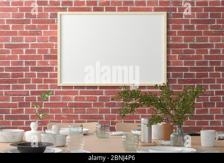 Horizontal blank poster on red brick wall in interior of modern dining room. Clipping path around poster Stock Photo