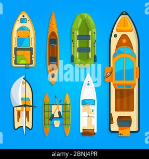 Speed motor boat, sea ship, yacht and other marine transport. Vector pictures set top view Stock Vector