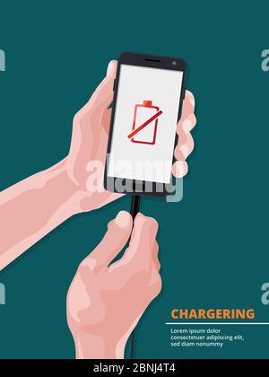 Man holding smartphone with picture on screen of low battery charge Stock Vector