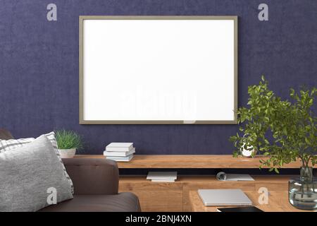 Horizontal blank poster on blue concrete wall in interior of modern living room with clipping path around poster Stock Photo