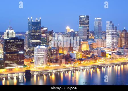 Skyline at night of the Central Business district of Pittsburgh, Pennsylvania, United States Stock Photo