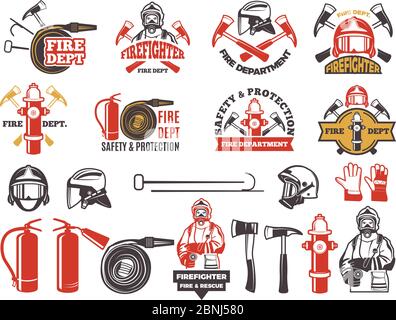 Colored badges for firefighter department. Symbols set of emergency protection isolated on white Stock Vector