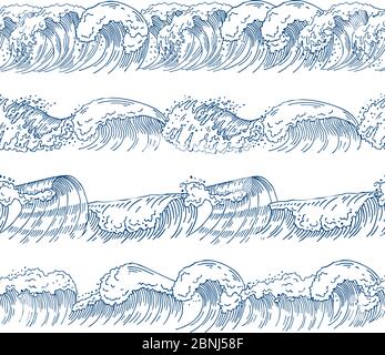 Horizontal seamless patterns with different ocean waves. Hand drawn pictures set Stock Vector