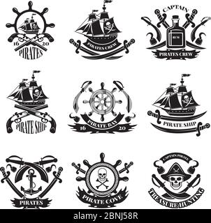 Pirate skull, corsair ships, symbols of piracy. Monochrome labels set Stock Vector