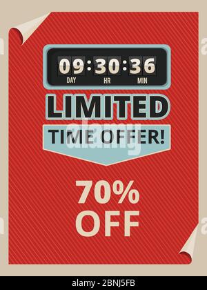 Advertise poster with countdown clock and some text about sales. Vintage pictures in vector style Stock Vector