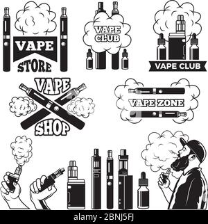 Monochrome labels set for vaping and smoking club or shop. Electronic cigarette Stock Vector