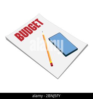 Sheets of paper budget plan, pencil, and smartphone on the table. Stock Vector