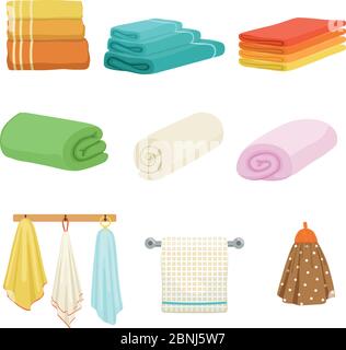 White and colored soft bathe or kitchen towels. Vector illustrations isolate Stock Vector