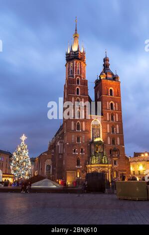 Saint Mary's Basilica at night with Christmas tree, Market Square, UNESCO World Heritage Site, Krakow, Poland, Europe Stock Photo