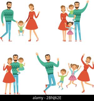 Happy family. Mother, father and kids. Characters with smiles in vector style Stock Vector