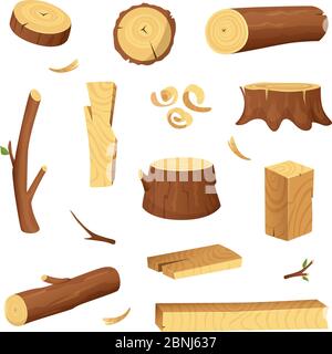 Materials for wood industry. Tree lumber, trunk. Vector pictures set in cartoon style Stock Vector
