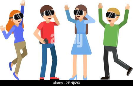 Funny people playing in video games in helmet of virtual reality Stock Vector
