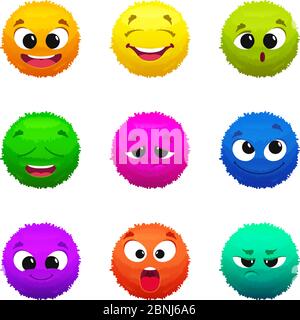 Funny colored furry emoticons. Cartoon characters with different emotions Stock Vector