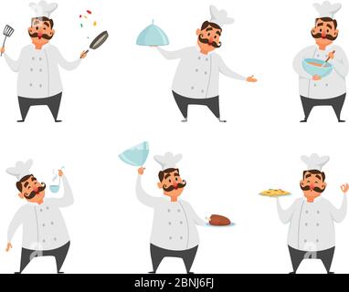 Funny characters of chef in action poses. Vector illustrations in cartoon style Stock Vector