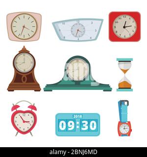 Set of different clocks and hand watches isolate on white Stock Vector