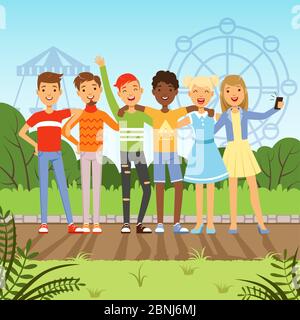 Big friendly group of multiracial teenagers. Vector background picture in cartoon style Stock Vector