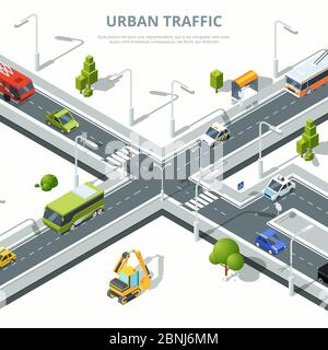City crossroad. Illustrations of urban traffic with different cars. Vector isometric pictures Stock Vector