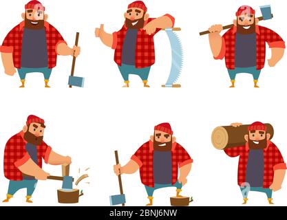 Lumberjack in different action poses. Vector funny character Stock Vector
