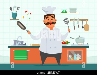 Chef cooking on the kitchen. Vector character in cartoon style Stock Vector