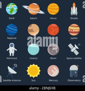 Planets of solar system and different space tools. Icon set in vector style Stock Vector