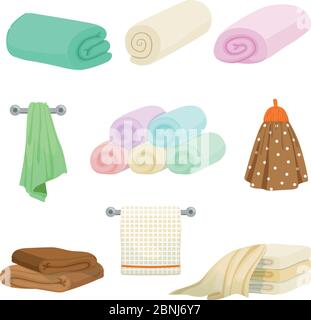 Different colored towels for kitchen and bathroom. Vector pictures in cartoon style Stock Vector