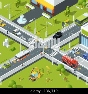 Wireless connection inside urban traffic. Illustration of crossroad in isometric style Stock Vector