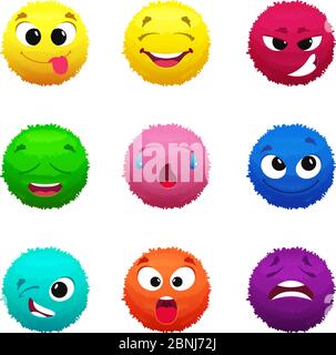 Funny furry faces of monsters. Puffy balls of different colors Stock Vector
