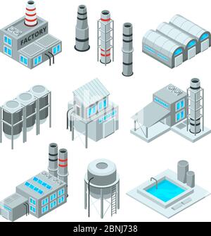 Set of industrial or factory buildings. Isometric 3d pictures Stock Vector