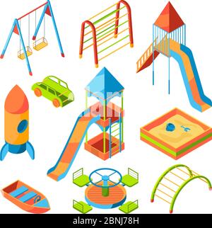 Vector isometric pictures of kids playground with different toys Stock Vector
