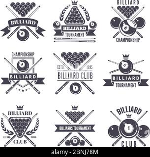 Monochrome labels or logos for billiard club. Vector illustrations of snooker balls Stock Vector