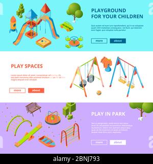 Horizontal banners set with isometric illustrations of kids playground Stock Vector