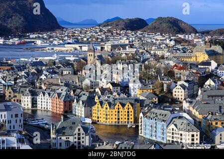 View from Aksla hill over Alesund, Art Nouveau buildings, mountains and sea in winter, Alesund, More og Romsdal, Norway, Scandinavia, Europe Stock Photo