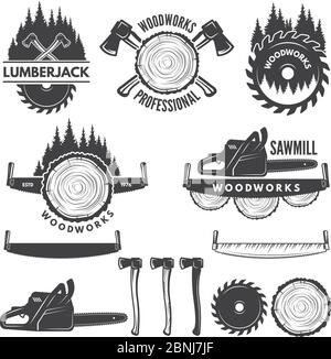 Monochrome labels set with lumberjack and pictures for wood industry Stock Vector