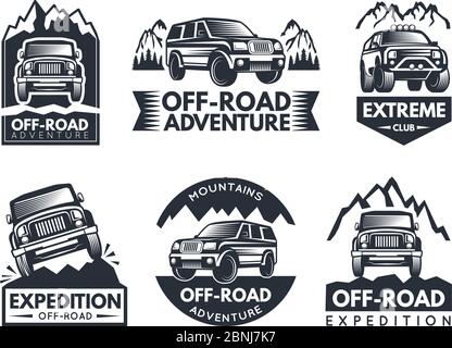 Monochrome labels set with suv cars Stock Vector