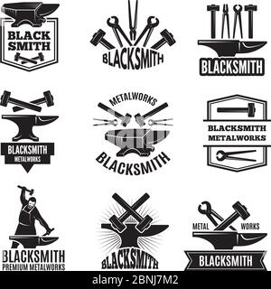 Black logos for blacksmith. Vintage labels set Stock Vector