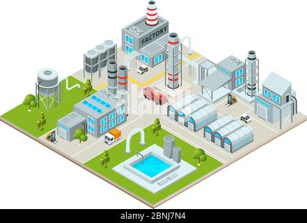 Outdoor landscape with factory buildings. Isometric pictures Stock Vector