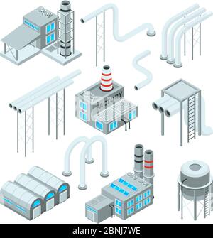 Factory pipe and set of industrial buildings. Isometric style pictures Stock Vector