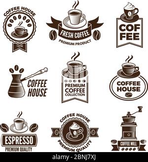 Different labels set for coffee house. Pictures of cups of coffee and caffeine beans Stock Vector