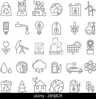 Eco symbols in mono line style. Industrial and ecology pictures set Stock Vector