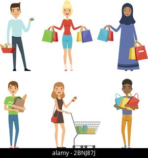 Happy people of different nations make shopping. Vector characters in flat style Stock Vector