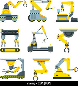 Robotic hands for machine industry. Illustrations of mechanical industrial equipment Stock Vector