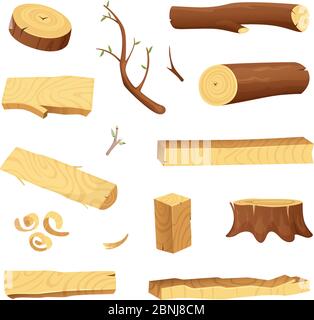 Planks from trees and different wood elements for production industry Stock Vector