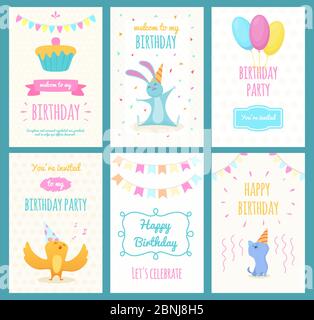 Happy birthday cards with animals. Cute hero with beautiful eyes ...